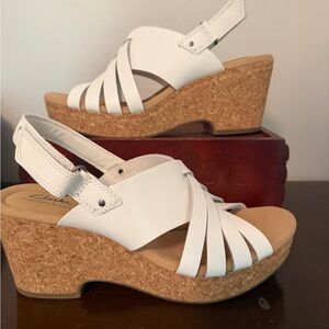 Clarks White Cork Wedge Slingback Sandals